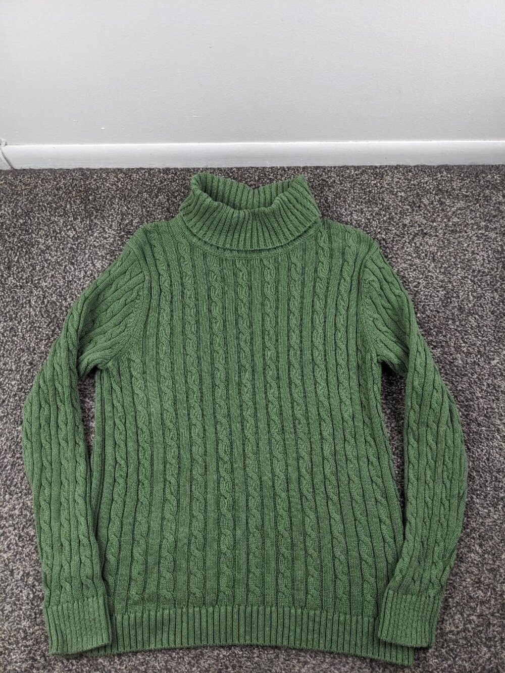 LL Bean Sweater Fisherman Cable Knit Cotton Turtleneck Green Womens Large